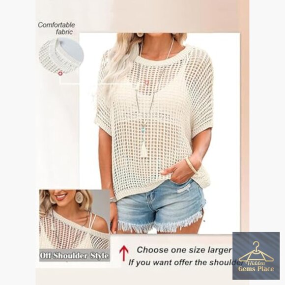Short Sleeve Crochet Sweater Beach Cover Up Off Shoulder Loose Knit Top - Picture 6 of 7